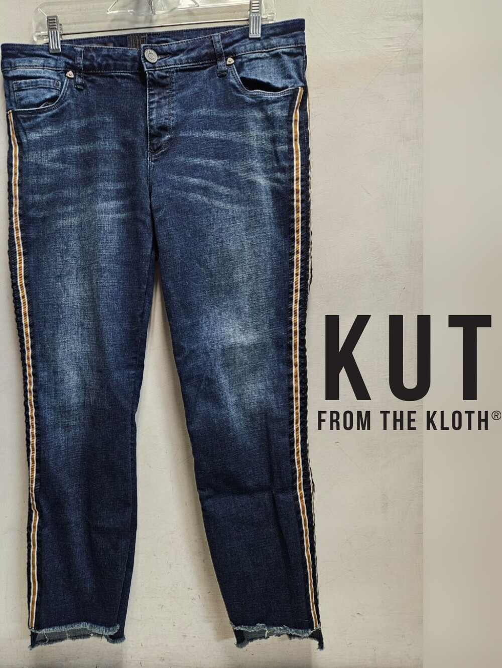 KUT From The Kloth Emma Ankle Straight Leg Jeans Size 12 Cropped Stripe Denim